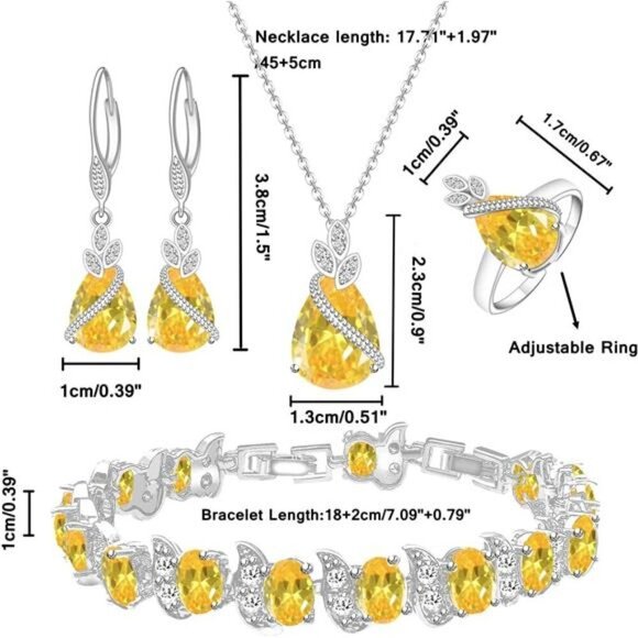 Teardrop Canary Cubic Zirconia Necklace Earrings Adjustable Ring Bracelet Set - Picture 4 of 4
